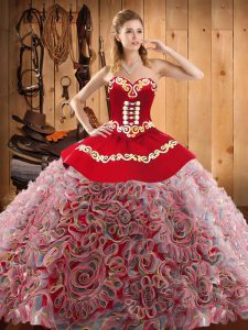 Beauteous Multi-color Sleeveless Satin and Fabric With Rolling Flowers Sweep Train Lace Up Vestidos de Quinceanera for Military Ball and Sweet 16 and Quinceanera