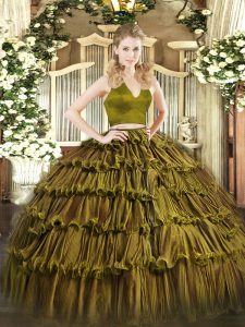  Organza Halter Top Sleeveless Zipper Ruffled Layers Quinceanera Dress in Olive Green