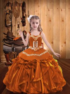 Fashionable Floor Length Orange Party Dresses Organza Sleeveless Embroidery and Ruffles
