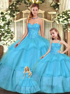 Luxurious Floor Length Aqua Blue Sweet 16 Dresses Organza Sleeveless Beading and Ruffled Layers