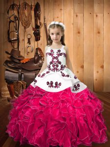 Straps Sleeveless Organza Kids Pageant Dress Embroidery and Ruffles Lace Up