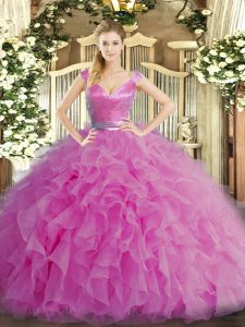 Romantic Lilac Ball Gowns V-neck Sleeveless Organza Floor Length Zipper Ruffles Quince Ball Gowns