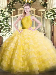  Sleeveless Floor Length Ruffled Layers Zipper 15th Birthday Dress with Yellow