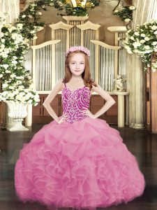  Floor Length Rose Pink Little Girl Pageant Dress Spaghetti Straps Sleeveless Lace Up
