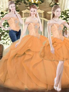 Traditional Orange Red Three Pieces Organza Off The Shoulder Sleeveless Ruffles Floor Length Lace Up Sweet 16 Quinceanera Dress