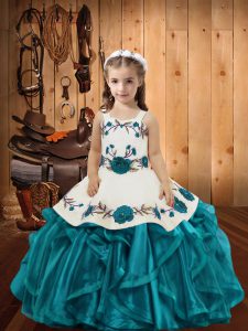 Adorable Straps Sleeveless Little Girl Pageant Dress Floor Length Embroidery and Ruffles Teal Organza