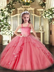 Trendy Floor Length Lace Up Little Girl Pageant Gowns Watermelon Red for Party and Quinceanera with Appliques and Ruffles