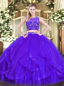  Sleeveless Tulle Floor Length Zipper 15th Birthday Dress in Purple with Beading and Ruffles