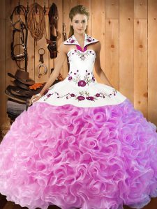  Halter Top Sleeveless Fabric With Rolling Flowers Quinceanera Dresses Embroidery Lace Up