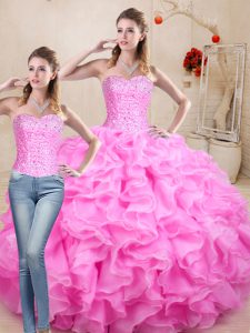  Rose Pink Sweetheart Lace Up Beading and Ruffles Sweet 16 Quinceanera Dress Sleeveless