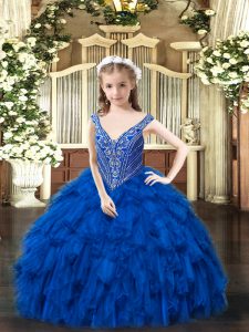 Perfect Sleeveless Floor Length Beading and Ruffles Lace Up Girls Pageant Dresses with Royal Blue