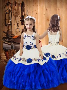  Ball Gowns Kids Formal Wear Royal Blue Straps Organza Sleeveless Floor Length Lace Up