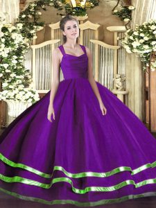  Purple Organza Zipper Quinceanera Gown Sleeveless Floor Length Ruffled Layers and Ruching