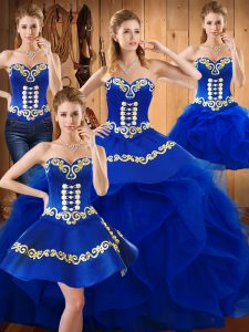 Best Blue Ball Gowns Sweetheart Sleeveless Satin and Organza Floor Length Lace Up Embroidery and Ruffles 15th Birthday Dress