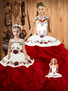 Pretty Floor Length Wine Red Quinceanera Gowns Halter Top Sleeveless Lace Up