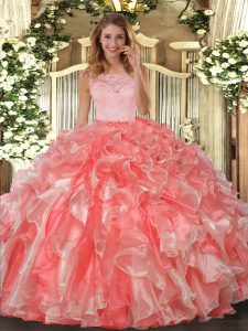 Extravagant Coral Red Sleeveless Organza Clasp Handle Sweet 16 Quinceanera Dress for Military Ball and Sweet 16 and Quinceanera
