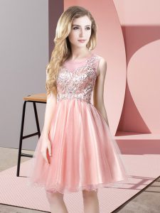  Baby Pink A-line Beading Prom Gown Zipper Tulle Sleeveless Knee Length