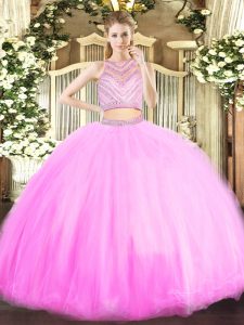  Sleeveless Tulle Floor Length Zipper Quinceanera Gown in Lilac with Beading