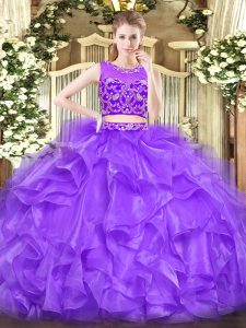 Fine Lavender Zipper Quinceanera Dresses Beading and Ruffles Sleeveless Floor Length