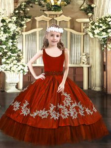  Sleeveless Floor Length Beading and Appliques Zipper Little Girl Pageant Dress with Wine Red