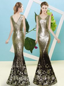  Gold Sleeveless Sequins Floor Length Prom Gown