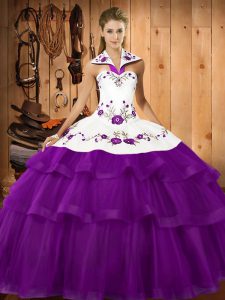 Super Purple Lace Up Halter Top Embroidery and Ruffled Layers Quinceanera Gowns Organza Sleeveless Sweep Train