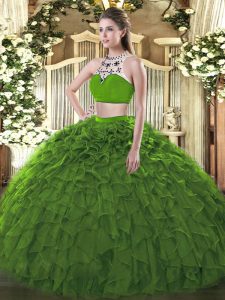 Dynamic Dark Green Sleeveless Floor Length Beading and Ruffles Backless Sweet 16 Dress