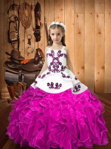  Fuchsia Ball Gowns Organza Straps Sleeveless Embroidery and Ruffles Floor Length Lace Up Child Pageant Dress