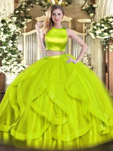  Yellow Green Sleeveless Floor Length Ruffles Criss Cross Vestidos de Quinceanera