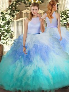  Multi-color Backless High-neck Ruffles Sweet 16 Quinceanera Dress Tulle Sleeveless