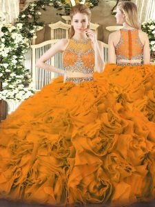 Dazzling Orange Red Ball Gowns Fabric With Rolling Flowers Scoop Sleeveless Beading Floor Length Zipper 15th Birthday Dress