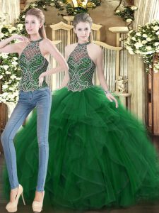 Amazing Dark Green Two Pieces Beading and Ruffles Sweet 16 Quinceanera Dress Lace Up Organza Sleeveless Floor Length