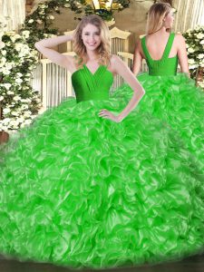 Sexy Ball Gowns Sweet 16 Dress Green V-neck Organza Sleeveless Floor Length Zipper