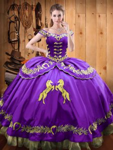 Spectacular Purple Ball Gowns Beading and Embroidery Sweet 16 Dress Lace Up Satin and Organza Sleeveless Floor Length