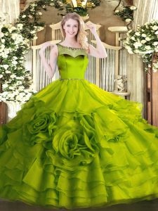 Noble Floor Length Olive Green Quince Ball Gowns Scoop Sleeveless Zipper