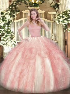 New Style Floor Length Zipper Ball Gown Prom Dress Pink for Military Ball and Sweet 16 and Quinceanera with Beading and Ruffles