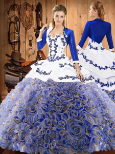 Shining Multi-color Ball Gowns Satin and Fabric With Rolling Flowers Strapless Sleeveless Embroidery With Train Lace Up 15th Birthday Dress Sweep Train