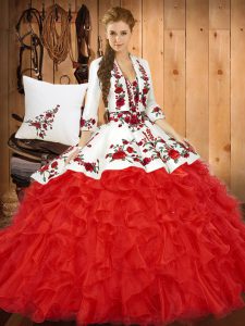 Romantic Sweetheart Sleeveless Lace Up Quince Ball Gowns Red Tulle
