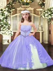  Floor Length Lavender Little Girl Pageant Gowns Straps Sleeveless Lace Up