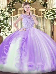 Latest Lavender Tulle Zipper Quinceanera Dresses Sleeveless Floor Length Beading and Ruffles