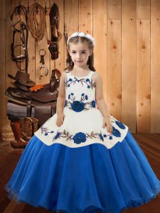 Inexpensive Organza Straps Sleeveless Lace Up Embroidery Kids Formal Wear in Blue