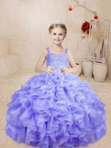 Enchanting Floor Length Lace Up Kids Pageant Dress Lavender for Sweet 16 and Quinceanera with Beading and Ruffles