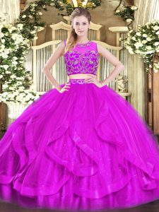 Custom Designed Purple Quinceanera Gowns Military Ball and Sweet 16 and Quinceanera with Beading and Ruffles Scoop Sleeveless Zipper