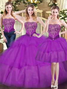 Enchanting Eggplant Purple Strapless Neckline Beading and Ruffled Layers 15 Quinceanera Dress Sleeveless Lace Up