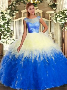  Multi-color Ball Gowns Organza Scoop Sleeveless Lace and Ruffles Floor Length Backless Vestidos de Quinceanera
