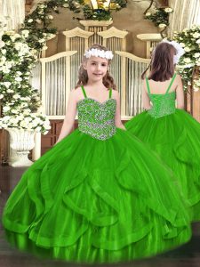  Straps Sleeveless Pageant Gowns For Girls Floor Length Beading and Ruffles Green Tulle