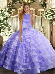 Charming Lavender Halter Top Neckline Beading and Ruffled Layers 15 Quinceanera Dress Sleeveless Backless