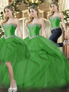Inexpensive Green Lace Up Sweetheart Beading and Ruffles Vestidos de Quinceanera Organza Sleeveless