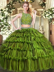  Olive Green Zipper High-neck Beading and Ruffled Layers Quinceanera Dress Tulle Sleeveless