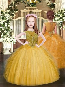  Gold Sleeveless Beading and Ruffles Floor Length Party Dress for Toddlers